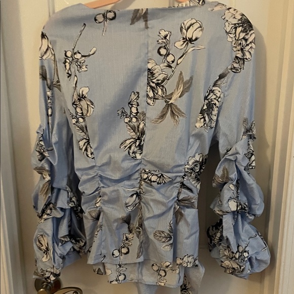 White House Black Market Floral Ruffle Wrap Blouse - Light Blue - Picture 3 of 3